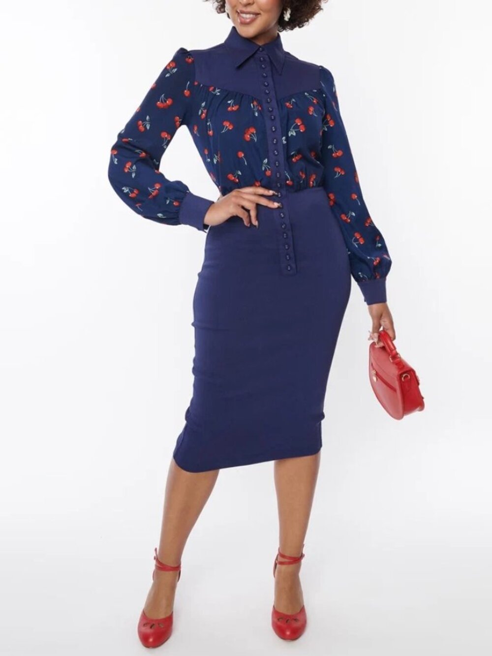 NWT Unique Vintage Navy and Cherry Print Bishop-Sleeve Midi Dress XL/14
